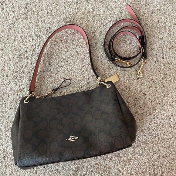Coach Handbags - Coach Shoulder Bag, Brown Logo with Pink Lining